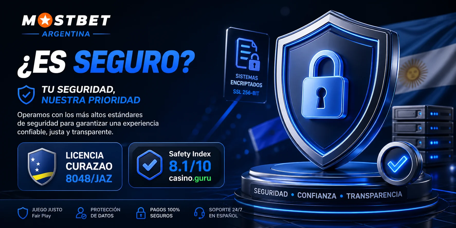 Seguridad de Mostbet Argentina: licencia Curazao 8048/JAZ y Safety Index 8.1 en casino.guru